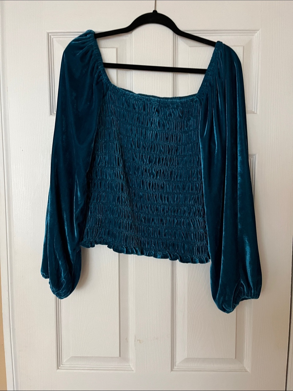 Teal Velvet Smocked Long-Sleeve Crop Top